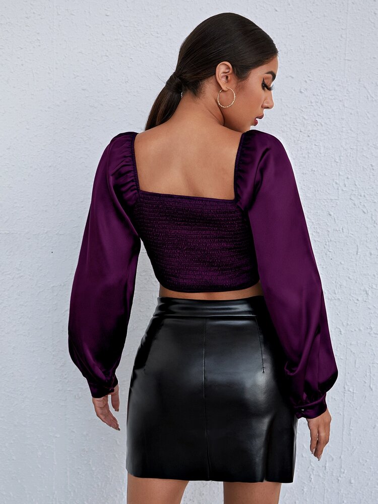 SHEIN BAE Ruched Bust Lantern Sleeve Crop Satin Top - Purple - View 2