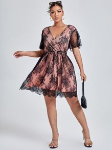 SHEIN Belle Plus Wrap Lace Trimed A-line Dress - Multicolor - View 1