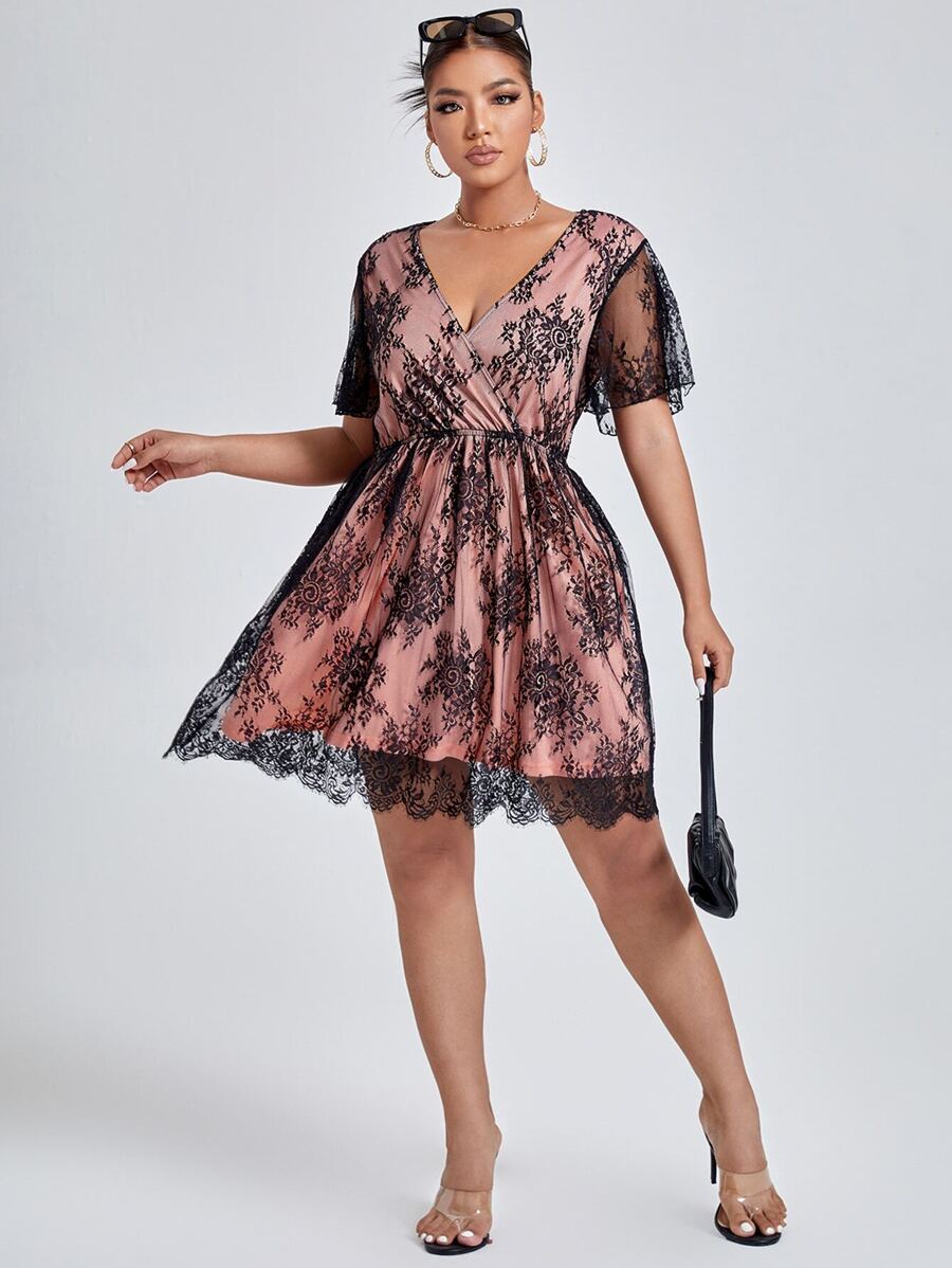 SHEIN Belle Plus Wrap Lace Trimed A-line Dress - Multicolor - View 1