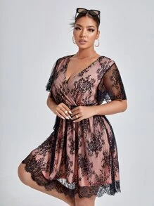 SHEIN Belle Plus Wrap Lace Trimed A-line Dress - Multicolor - View 3