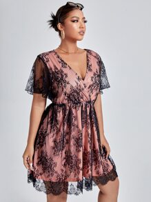 SHEIN Belle Plus Wrap Lace Trimed A-line Dress - Multicolor - View 4