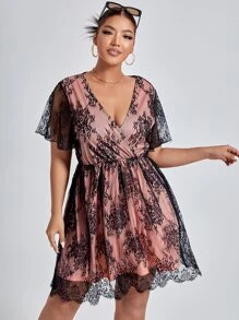 SHEIN Belle Plus Wrap Lace Trimed A-line Dress - Multicolor - View 5