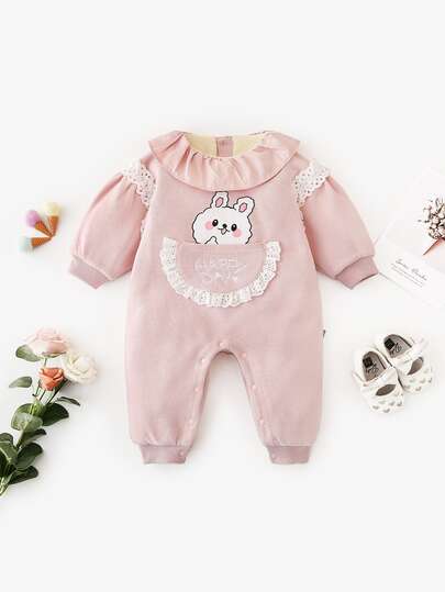 Peninsula Baby 嬰兒卡通圖案字母刺繡網眼刺繡邊保暖連身褲
