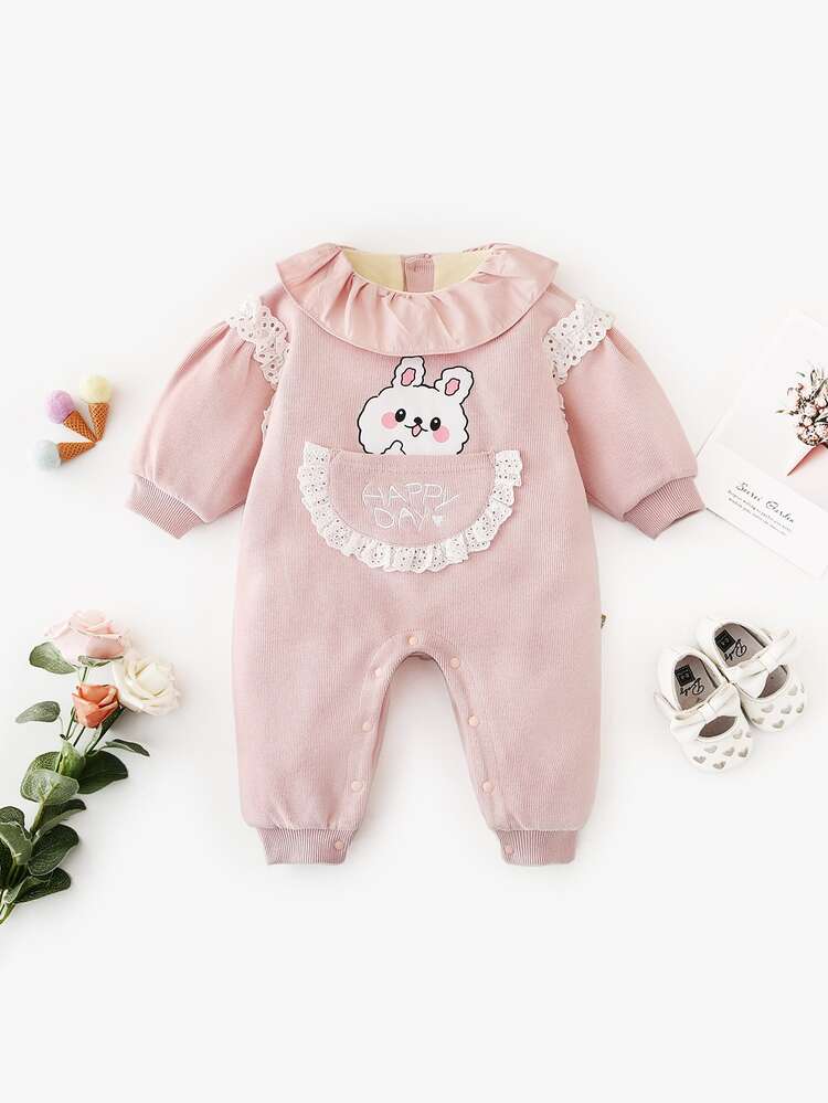 Peninsula Baby 嬰兒卡通圖案字母刺繡網眼刺繡邊保暖連身褲 - 淺粉色 - 查看 1