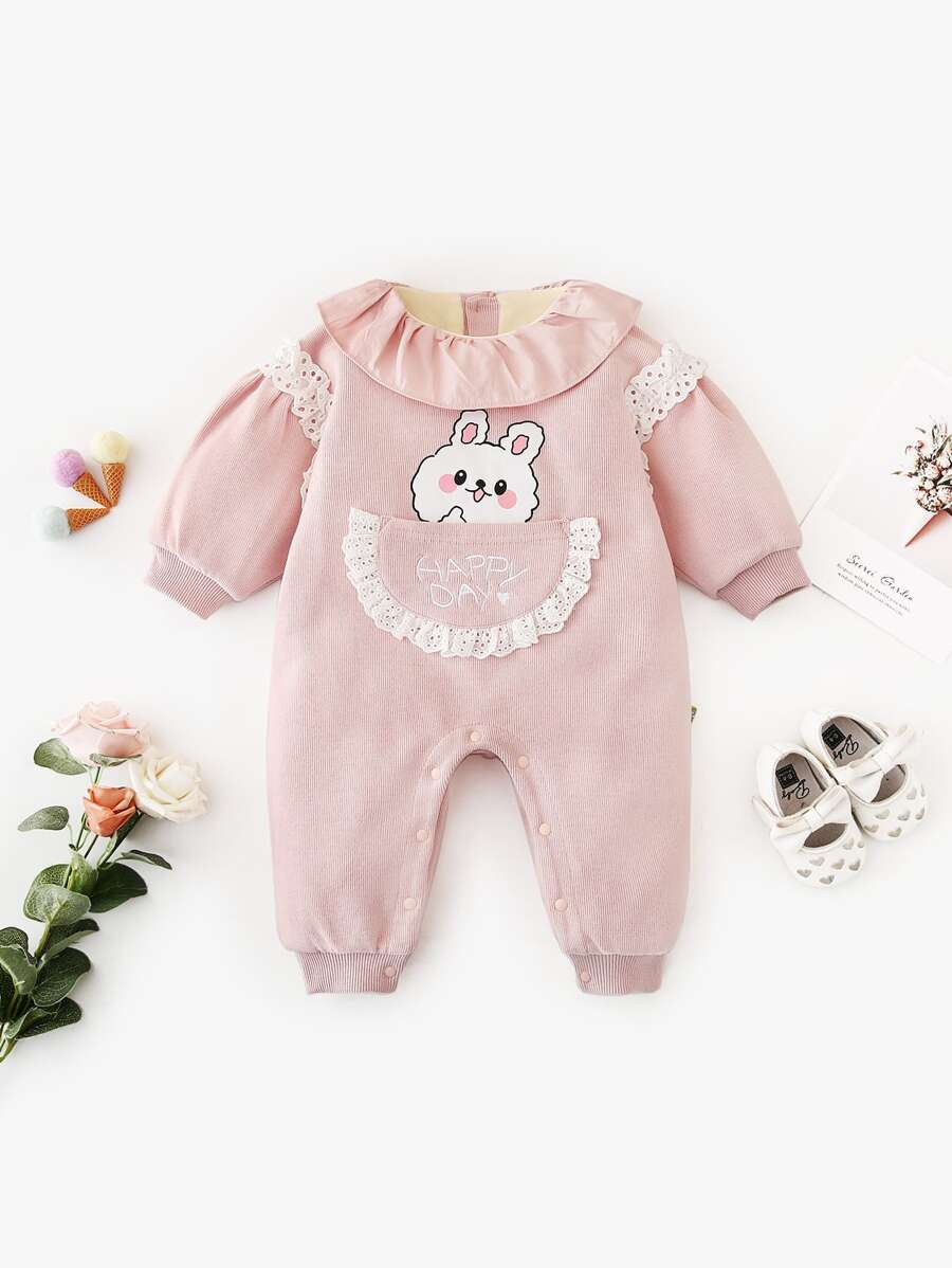 Peninsula Baby 嬰兒卡通圖案字母刺繡網眼刺繡邊保暖連身褲 - 淺粉色 - 查看 1