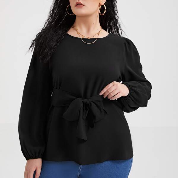 

Plus Solid Tie Front Top, Black