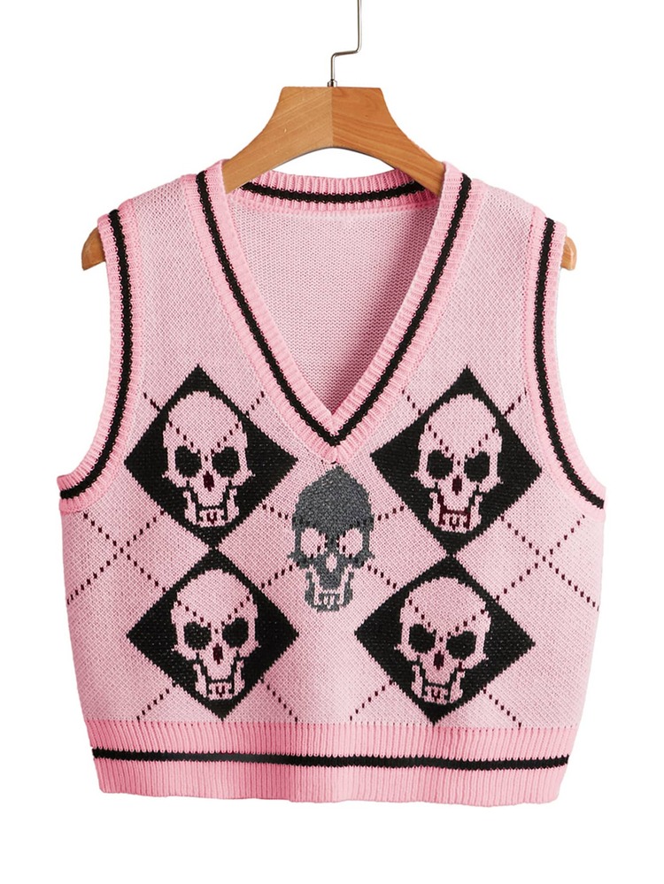 Skull Pattern Sweater Vest - Pink - View 1