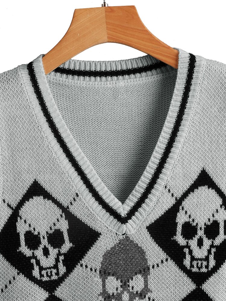 Skull Pattern Sweater Vest - Grey - View 3