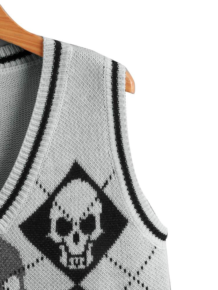 Skull Pattern Sweater Vest - Grey - View 4
