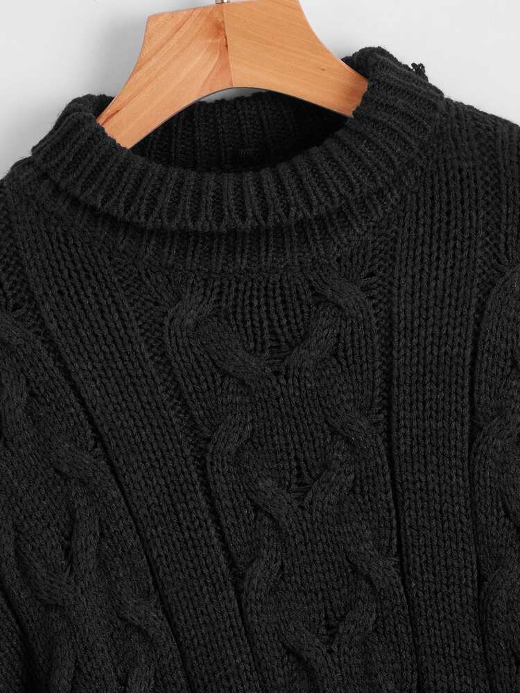 High Neck Cable Knit Sweater - Black - View 3