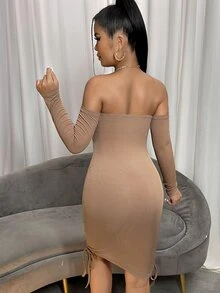 SHEIN Off Shoulder Ruched Bodycon Dress - Mocha Brown - View 2