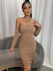 SHEIN Off Shoulder Ruched Bodycon Dress - Mocha Brown - View 4
