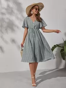 SHEIN VCAY Ditsy Floral Drawstring Waist Dress - Multicolor - View 1