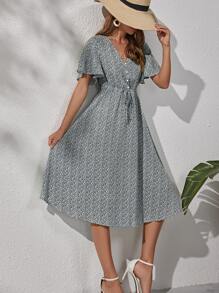 SHEIN VCAY Ditsy Floral Drawstring Waist Dress - Multicolor - View 3