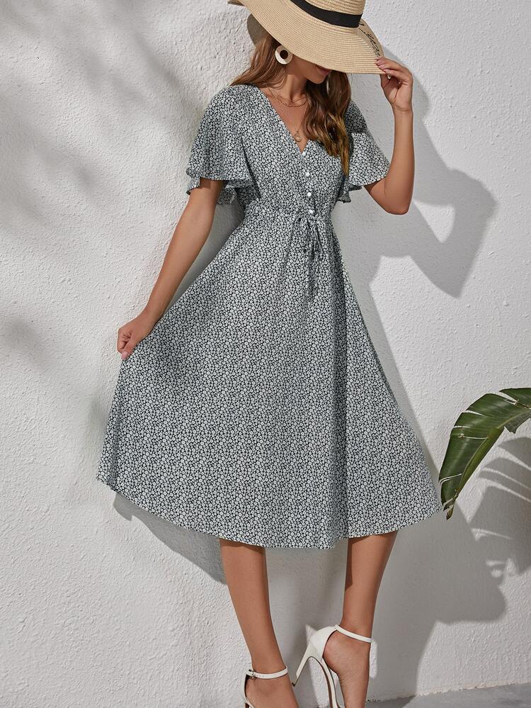 SHEIN VCAY 小碎花腰部抽繩連衣裙 - 彩色 - 查看 3