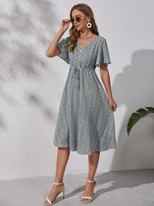 SHEIN VCAY Ditsy Floral Drawstring Waist Dress - Multicolor - View 4
