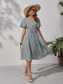 SHEIN VCAY Ditsy Floral Drawstring Waist Dress - Multicolor - View 5