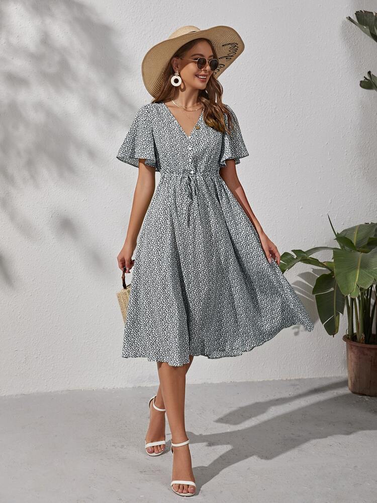 SHEIN VCAY 小碎花腰部抽繩連衣裙 - 彩色 - 查看 5