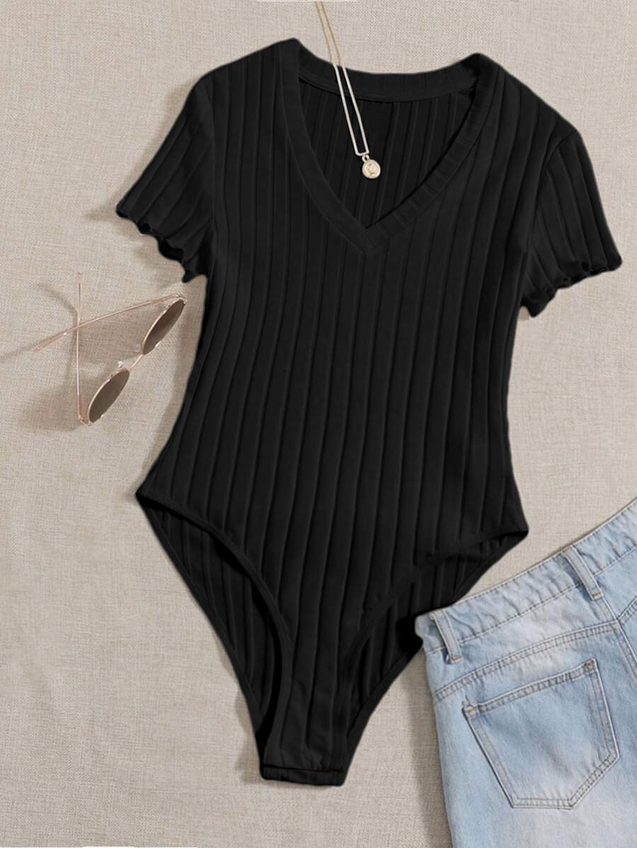 SHEIN EZwear Solid Ribbed Knit V Neck Bodysuit For Summer