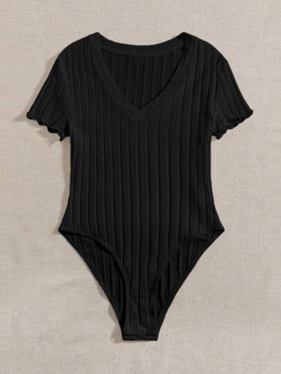 SHEIN EZwear Solid Ribbed Knit V Neck Bodysuit For Summer