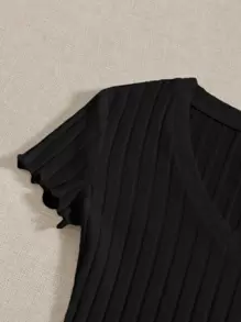 SHEIN EZwear Solid Ribbed Knit V Neck Bodysuit For Summer