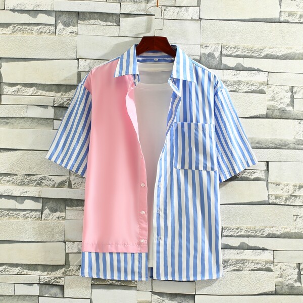 

Men Colorblock Striped Button Through Shirt, Multicolor