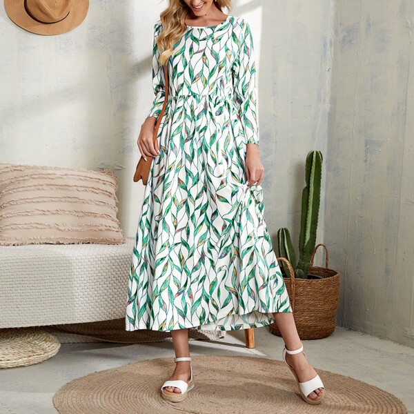 

Leaf Print High Waist Babydoll Dress, Multicolor
