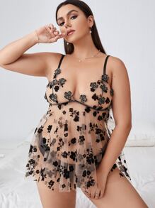Plus Floral Appliques Mesh Slips - Apricot - View 4