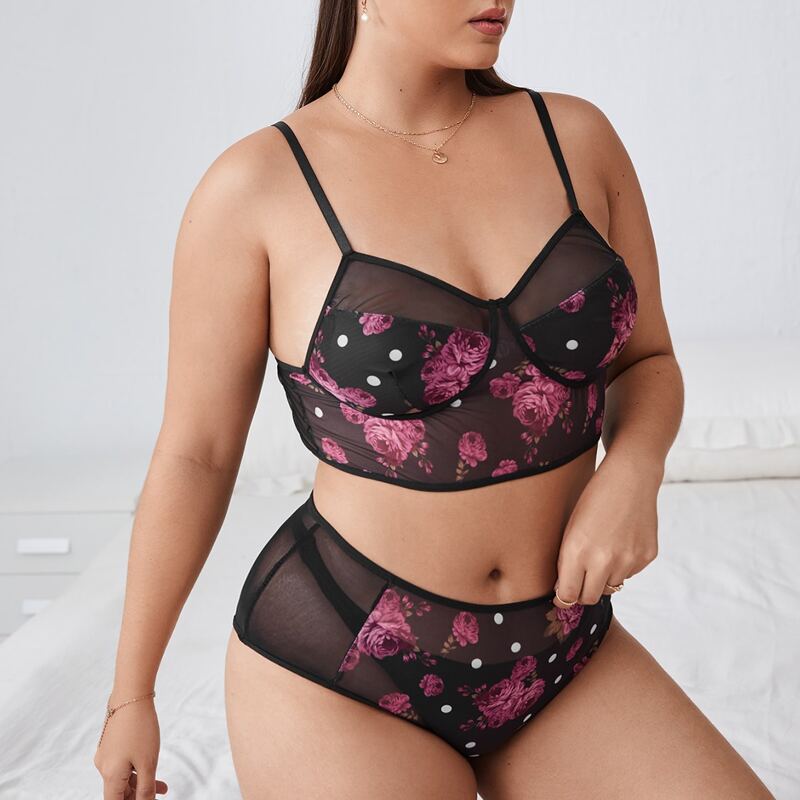 

Plus Floral Contrast Mesh Lingerie Set, Black
