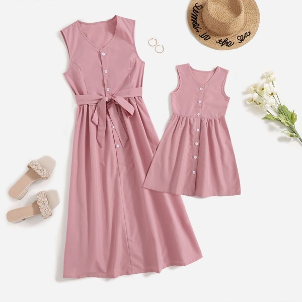 

Toddler Girls Button Front Tank Dress, Dusty pink