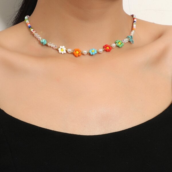 

Flower Decor Beaded Necklace, Multicolor