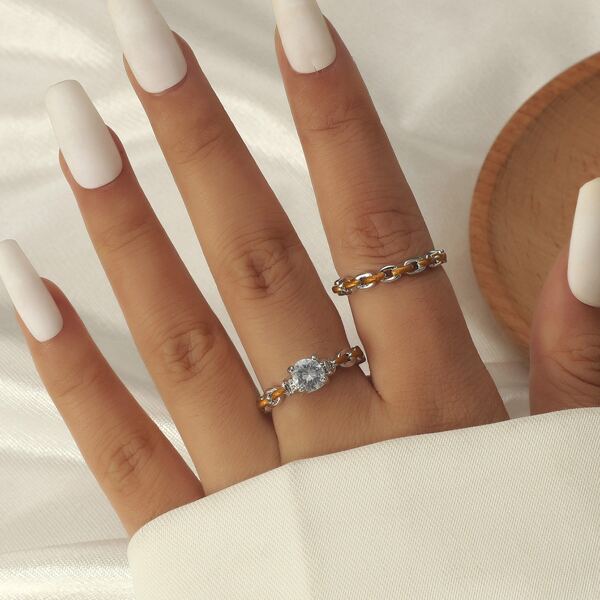 

2pcs Rhinestone Detail Ring, Silver