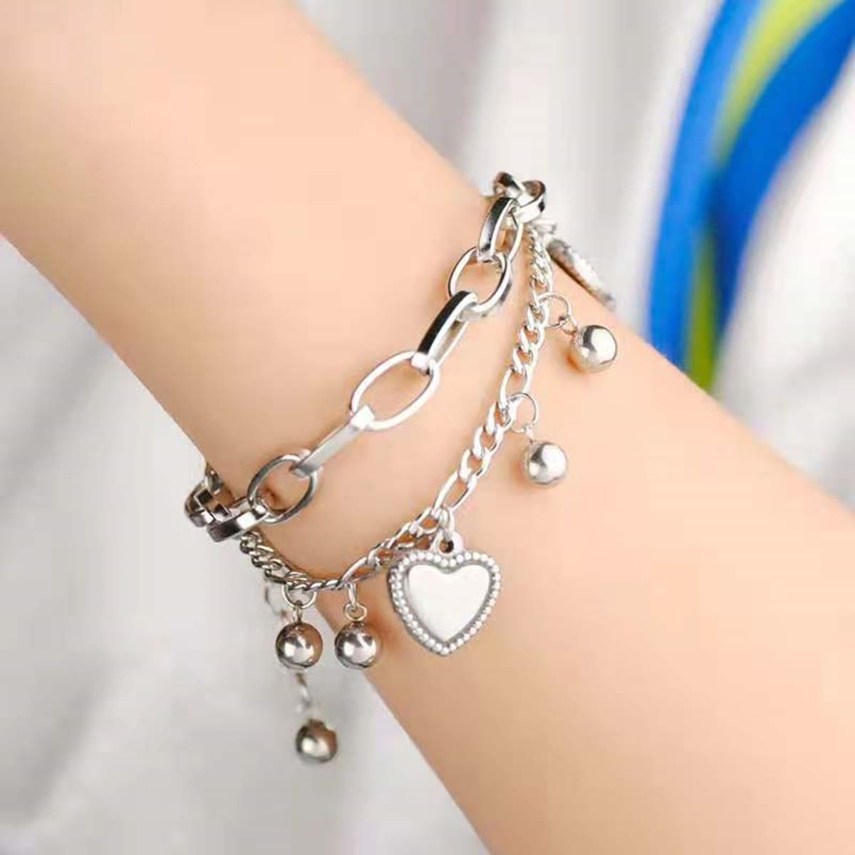 

Heart Charm Layered Chain Bracelet, Silver