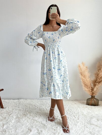 Floral Print Shirred Tie Cuff Square Neck Ruffle Hem Milkmaid Dress