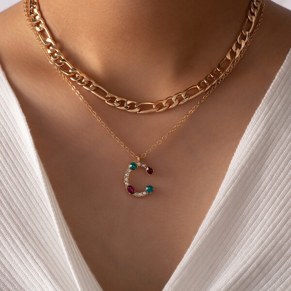 

Rhinestone Letter Pendant Layered Necklace, Gold