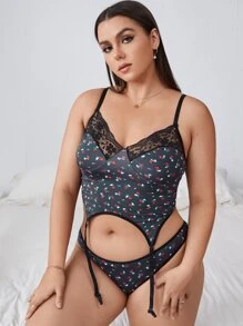 Plus Floral Contrast Lace Garter Lingerie Set - Dark Grey - View 3