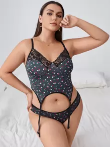 Plus Floral Contrast Lace Garter Lingerie Set - Dark Grey - View 4
