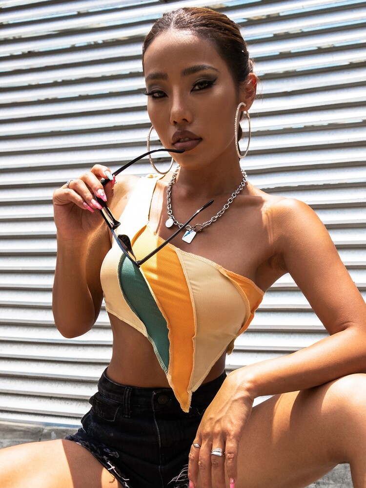 Color Block One Shoulder Top - Multicolor - View 5