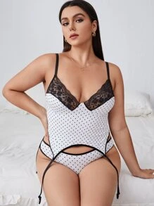 Plus Polka Dot Contrast Lace Garter Lingerie Set - Black and White - View 3