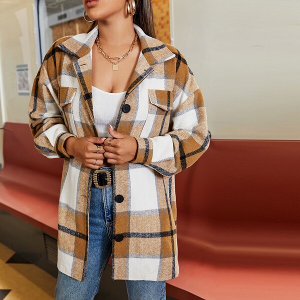 

Plaid Flap Pocket Drop Shoulder Overcoat, Multicolor