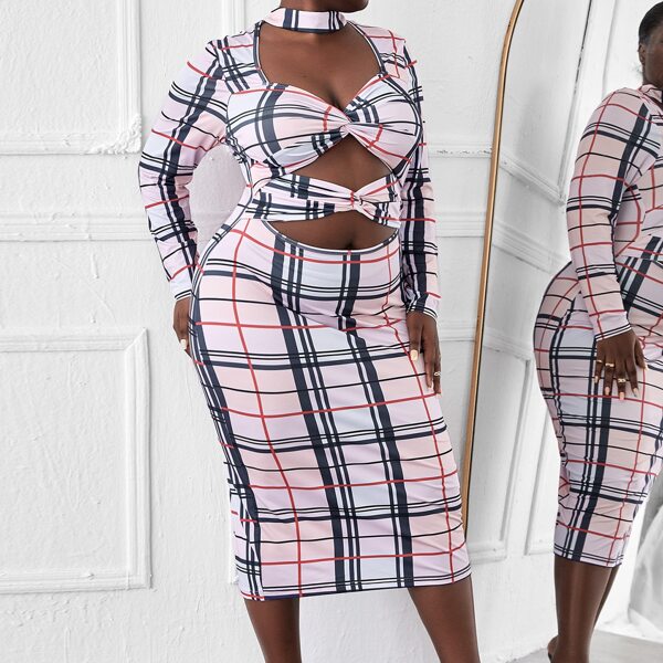 

Plus Plaid Cut Out Twist Front Bodycon Dress, Multicolor