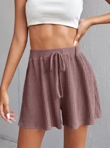 SHEIN Frenchy Waffle Knit Knot Front Wide Leg Shorts - Dusty Pink - View 1