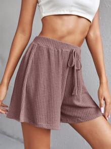 SHEIN Frenchy Waffle Knit Knot Front Wide Leg Shorts - Dusty Pink - View 3
