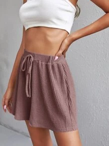 SHEIN Frenchy Waffle Knit Knot Front Wide Leg Shorts - Dusty Pink - View 5