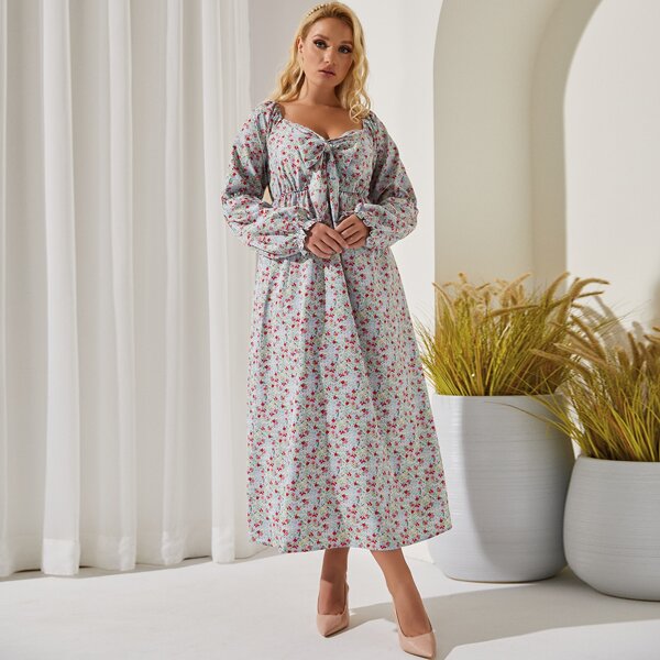 

Plus Ditsy Floral Sweetheart Neck Bow Front Dress, Multicolor