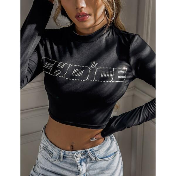 

Rhinestone Letter Pattern Mock Neck Crop Tee, Black