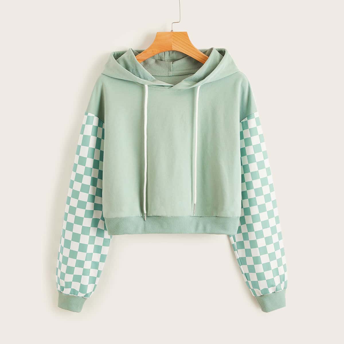 

Plaid Drawstring Hooded Sweatshirt, Mint green