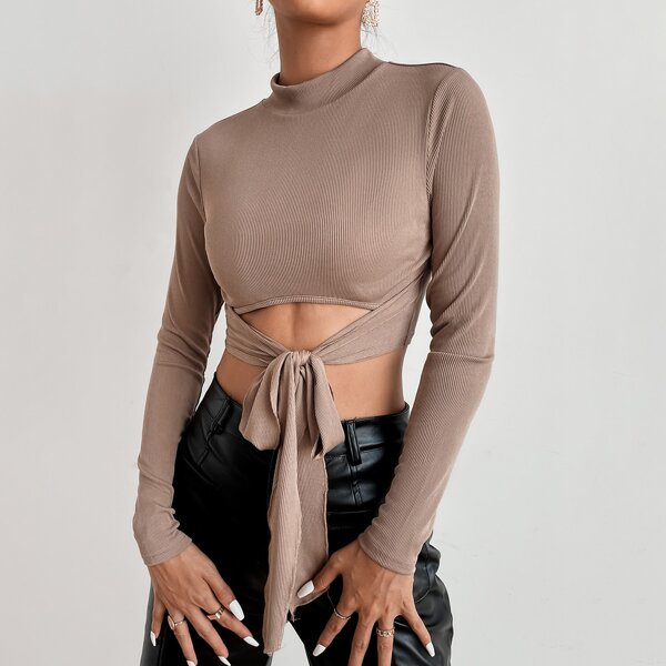 

Mock Neck Tie Front Crop Tee, Mocha brown