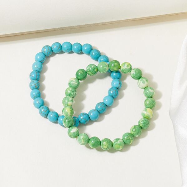 

2pcs Stone Beaded Bracelet, Multicolor