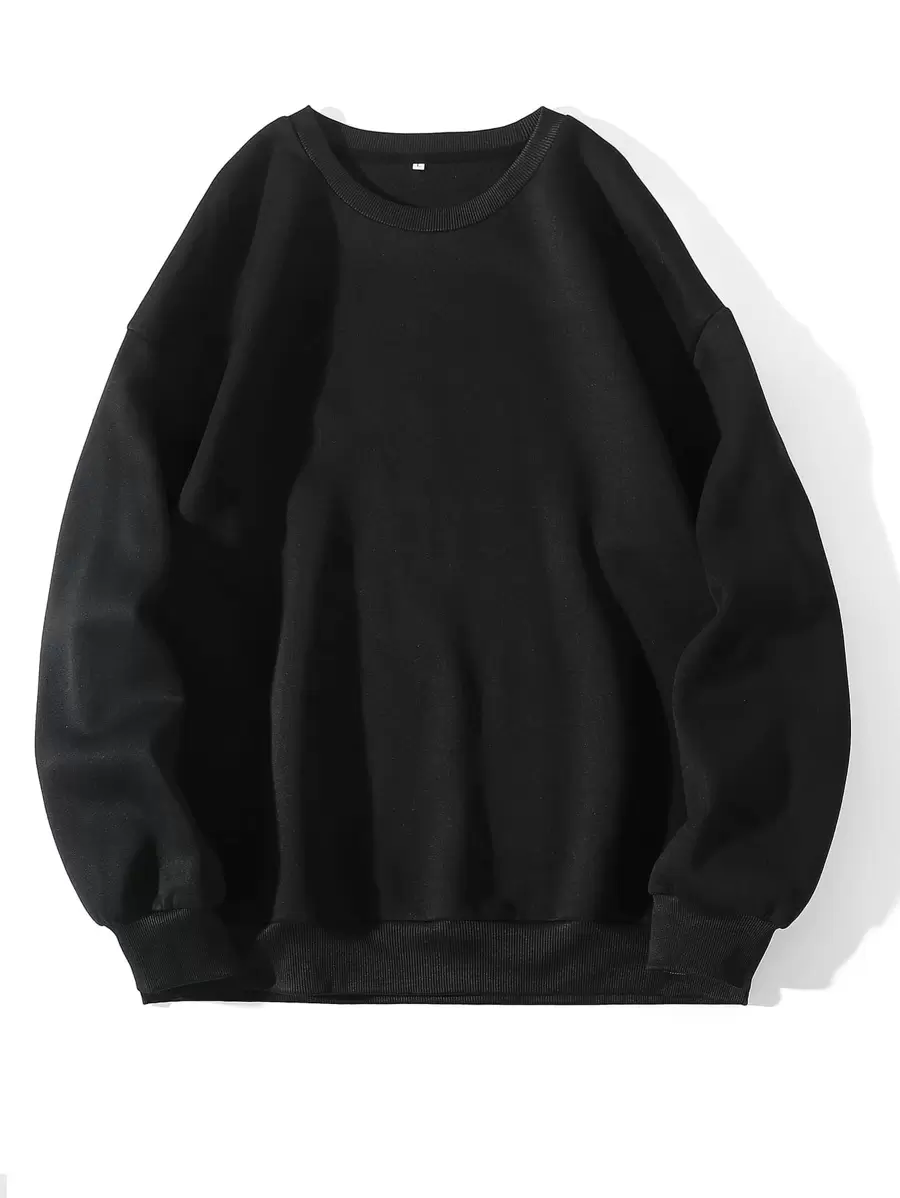 INAWLY Solid Drop Shoulder Sweatshirt,Long Sleeve Tops - Black - View 1